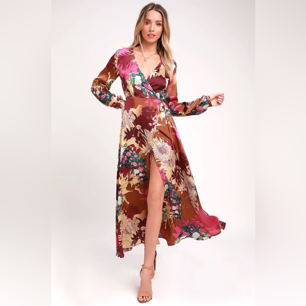 Lulu’s Satin Floral Wrap Maxi Dress Long Sleeve Wedding Guest Dress